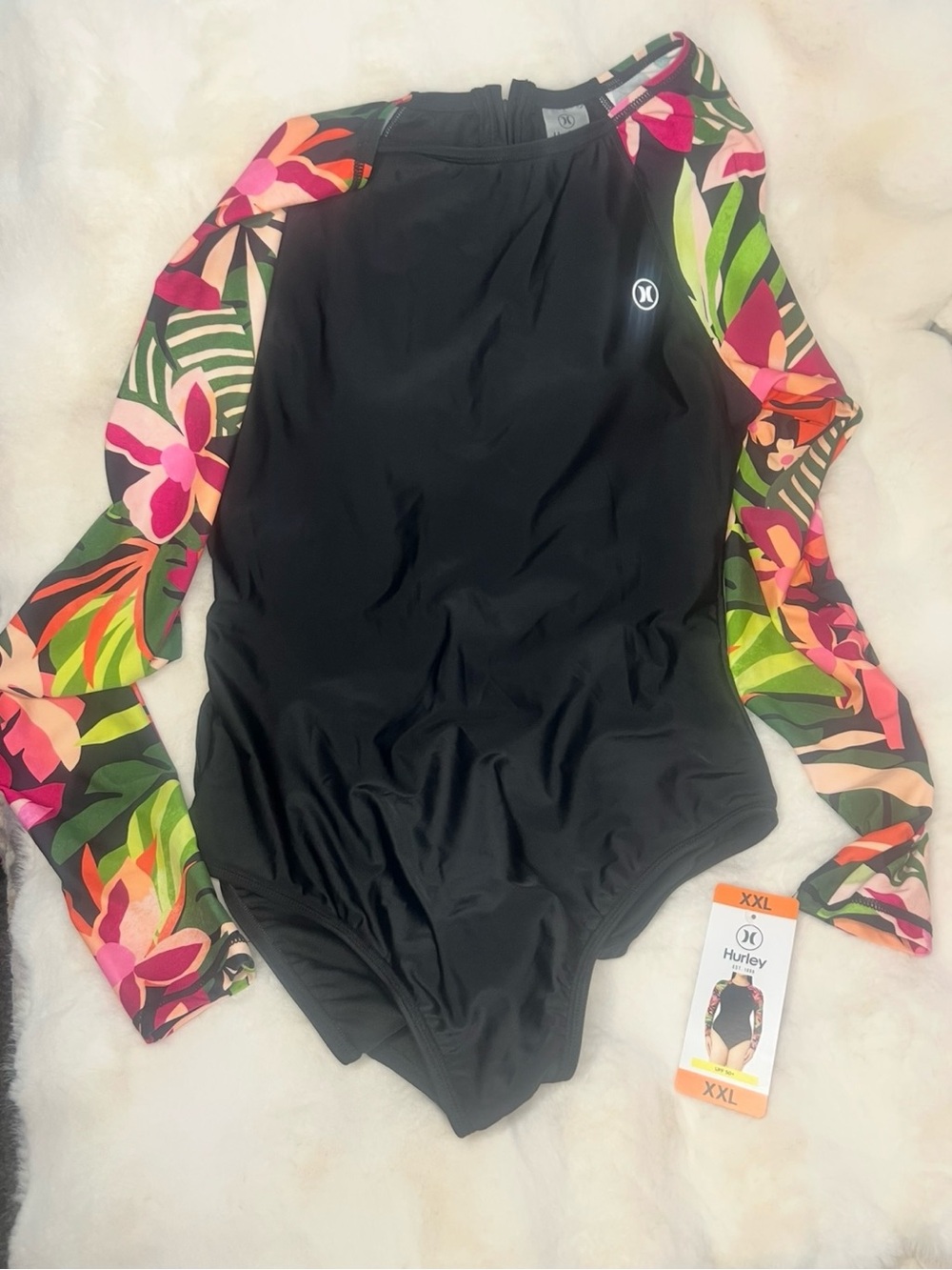 Hurley Black One-Piece Rash Guard with Floral Print Sleeves